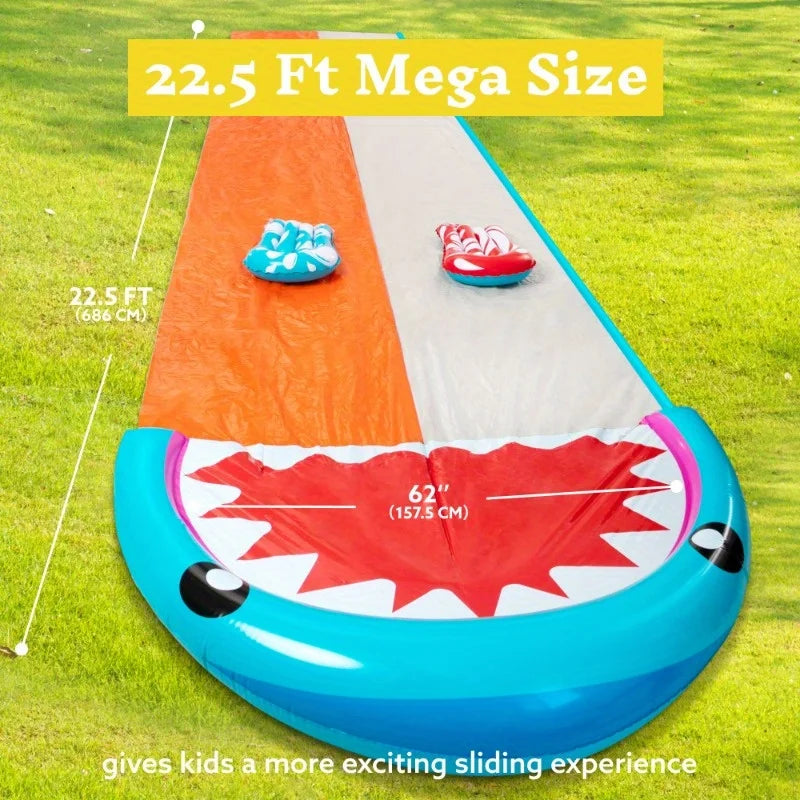 Joyfy Summer Water Slides with 2 Inflatable Boards 22.5ft Double Lane Splash Slip Lawn Water Slide Toy for Kids Adults Party