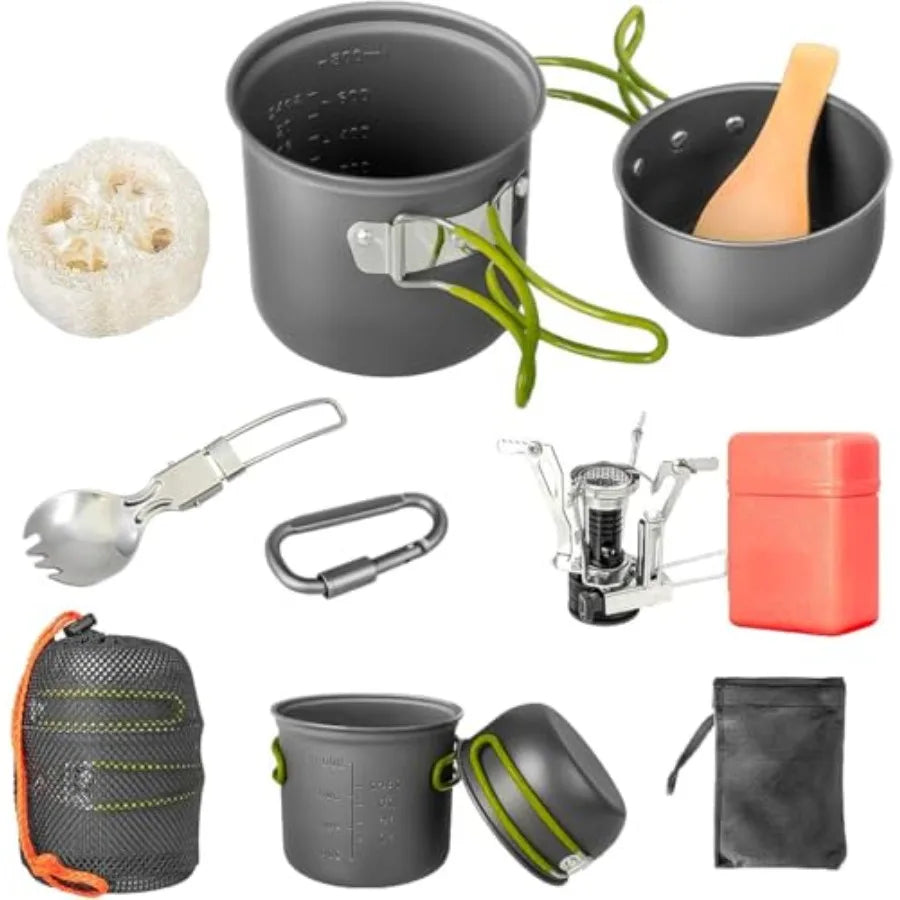 Camping Cookware Set, Portable Camping Mess Kit with Non-Stick Pots, Pans Set and Folding Fork, Lightweight Backpacking cookware