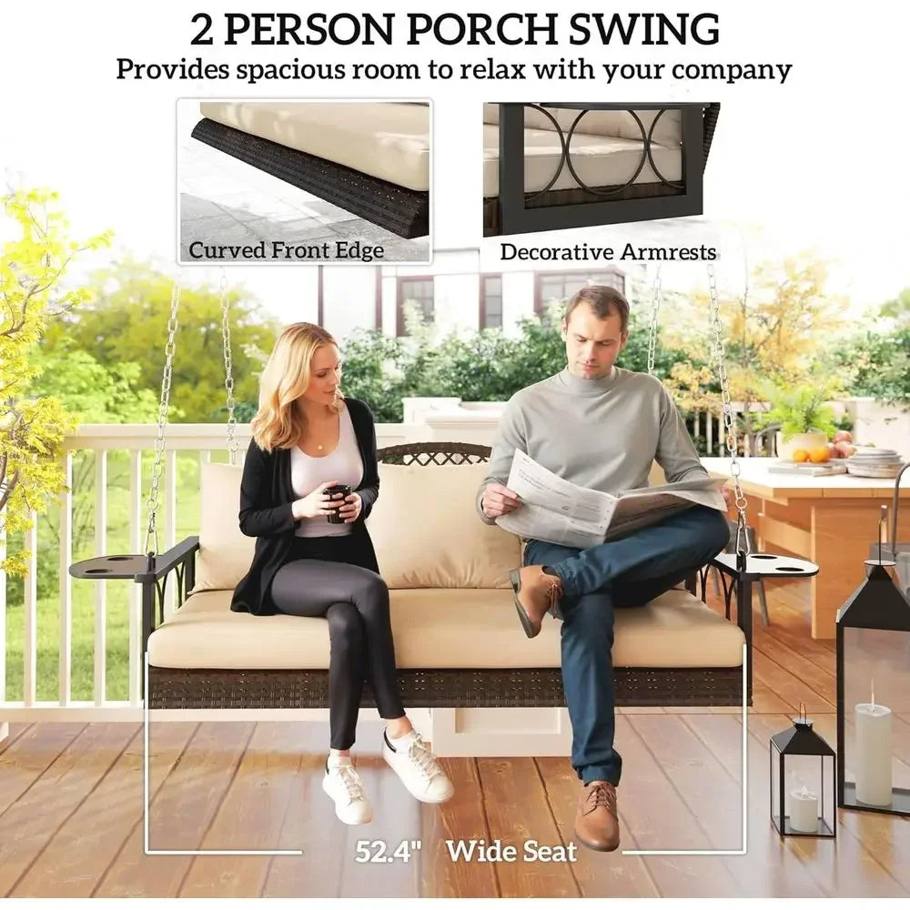 Durable Outdoor Rattan Porch Swing With Integrated Cup Holders