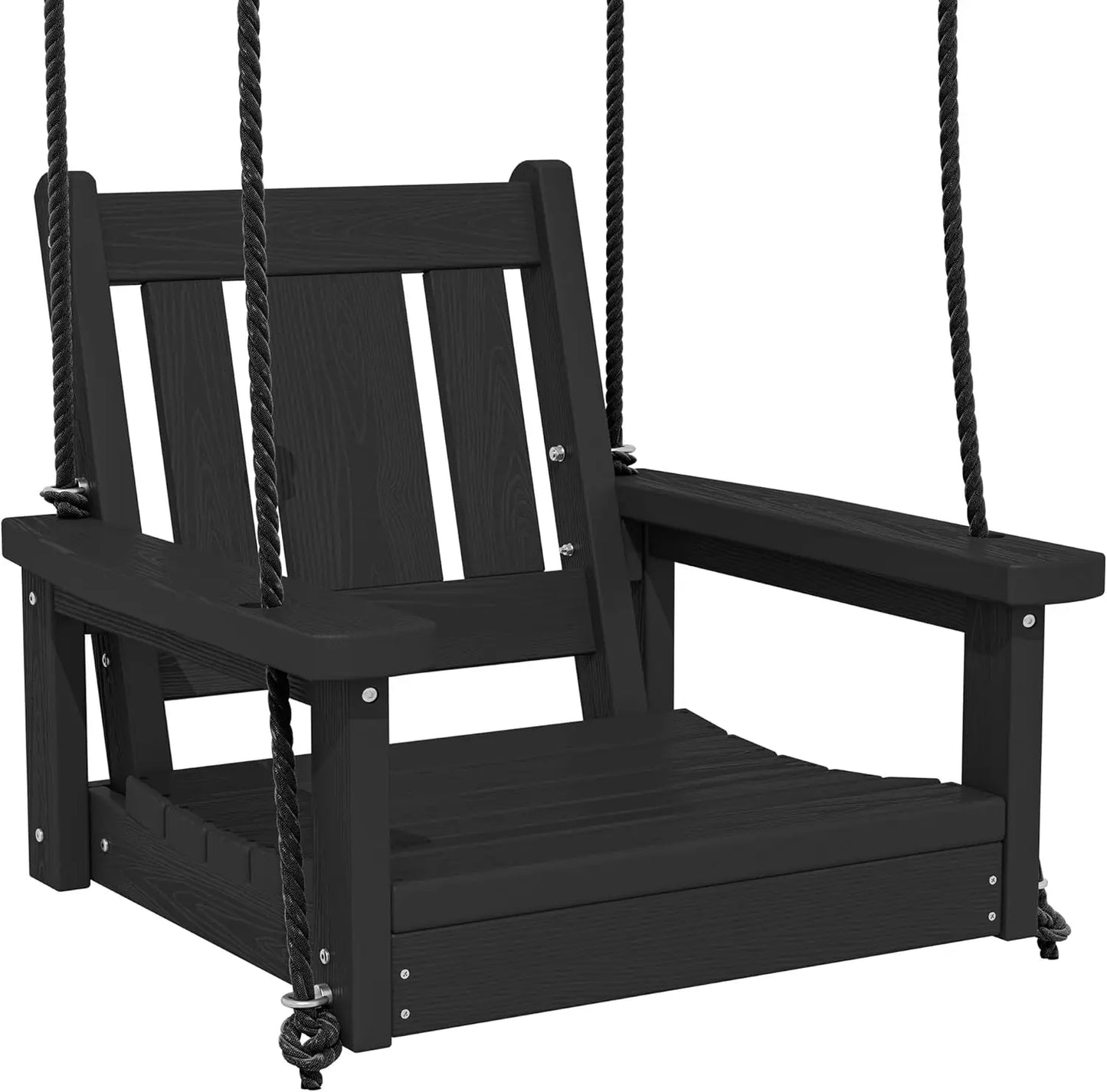 Black HDPE Single Porch Swing with Polypropylene Ropes for Outdoor Front Porch, Patio, Garden - Heavy Duty