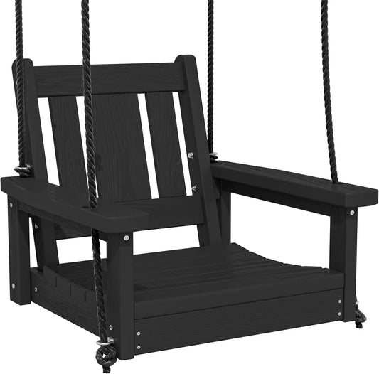 Black HDPE Single Porch Swing with Polypropylene Ropes for Outdoor Front Porch, Patio, Garden - Heavy Duty