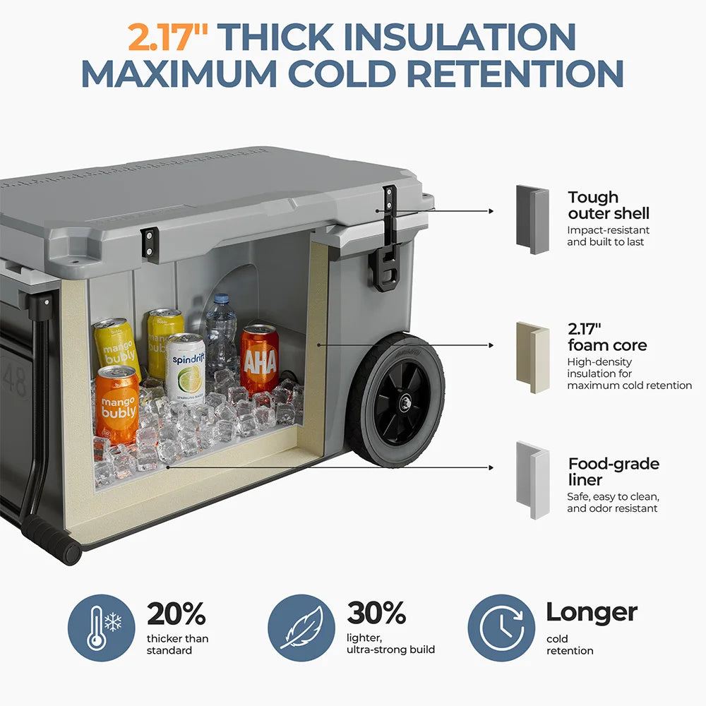 ChillyCode Khaki Grey Ultra Light Hard Cooler, 48QT Refrigerator 7-Day Cooling Leak Proof and Heavy-duty With All Terrain Wheels Suitable For Camping Beach Fishing Boat and Outdoor