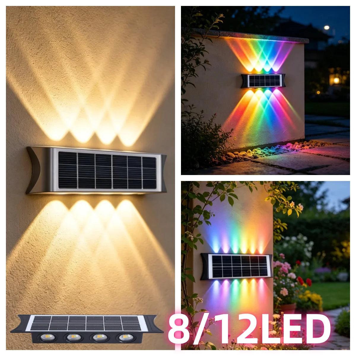 8/12LED Solar Wall Lamp Outdoor Warm Light Waterproof Up And Down Luminous Lighting Balcony Yard Garden Decoration Lights Exterior Wall