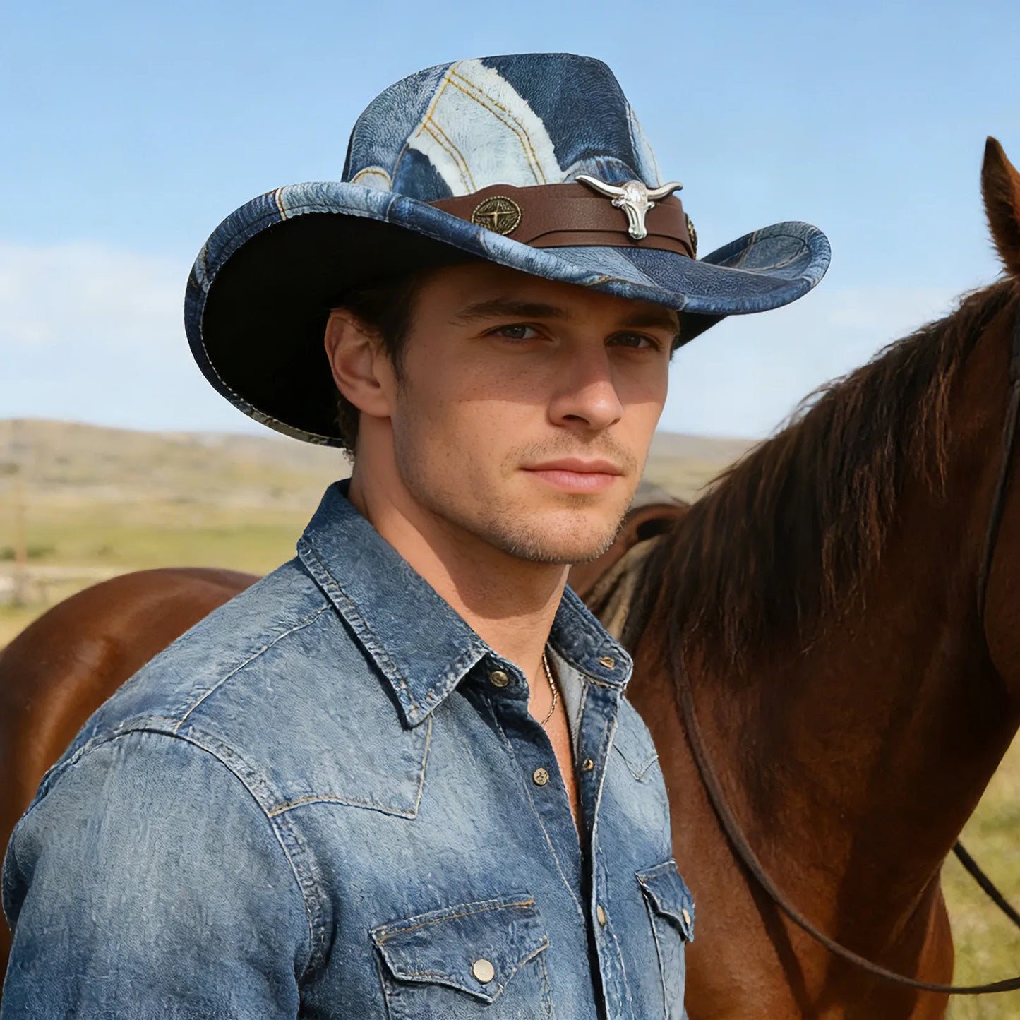 Men's Women's Denim Patchwork Western Cowboy Hat PU Leather Band Bull Head Decor