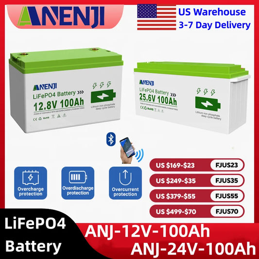 ANENJI 24V 12V 100Ah LiFePO4 Solar Battery Lithium Battery Pack Built-in BMS Grade A Cells 6000+ Cycle For Home energy storage
