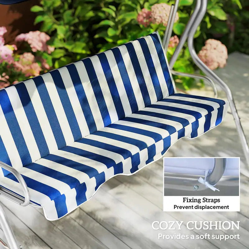 3-Person Porch Swing with Canopy, Patio Swing Chair, Outdoor Canopy Swing Bench with Adjustable Shade, Cushion and Steel Frame, Dark Blue & White Striped