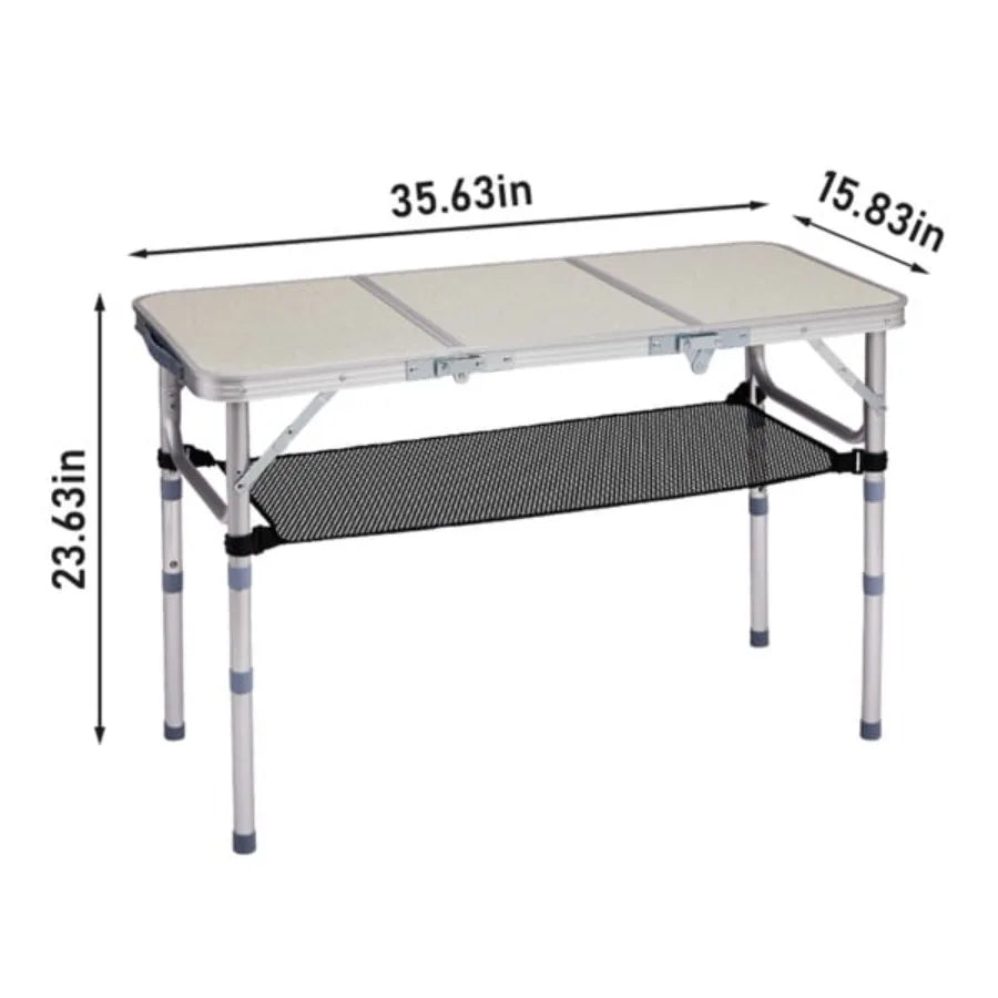 Folding Camping Table 3 Adjustable Heights Aluminum Tabletop Mesh Shelf 110lb Capacity for Camping Picnics Beach Patio