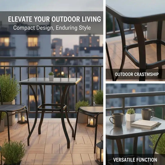 Garden table, bistro table, glass table, tempered glass + metal, black, L68.5 x W68.5 x H84 cm