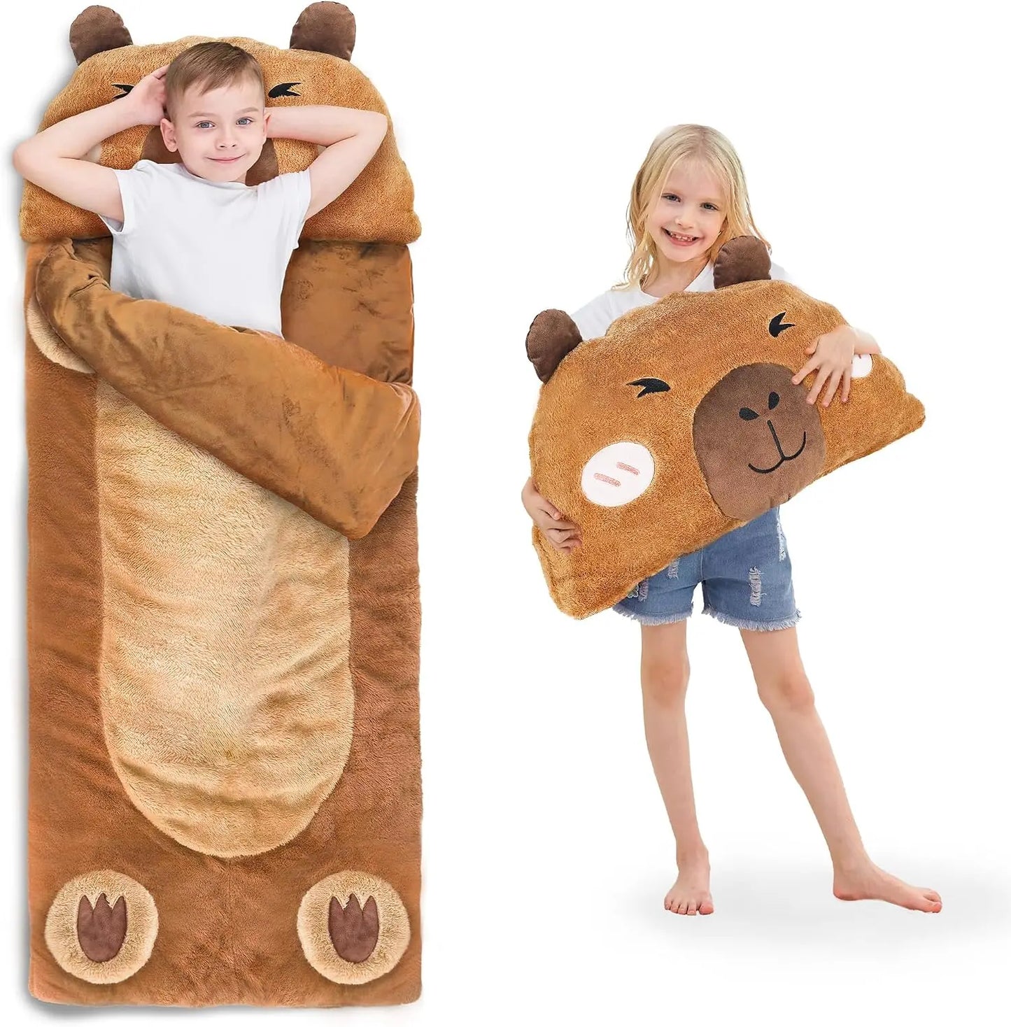 Kids Sleeping Bag, Plush Capybara Nap Mat, 2-in-1 Pillow, Travel Sleepover, Gift for Ages 3-12