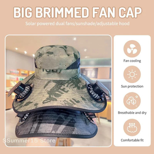 Large Size Quick Dry Bucket Hat With Solar Powered Fan USB Charging Sun Hat For Men Outdoor Hiking Camping Fishing Cooling Wear