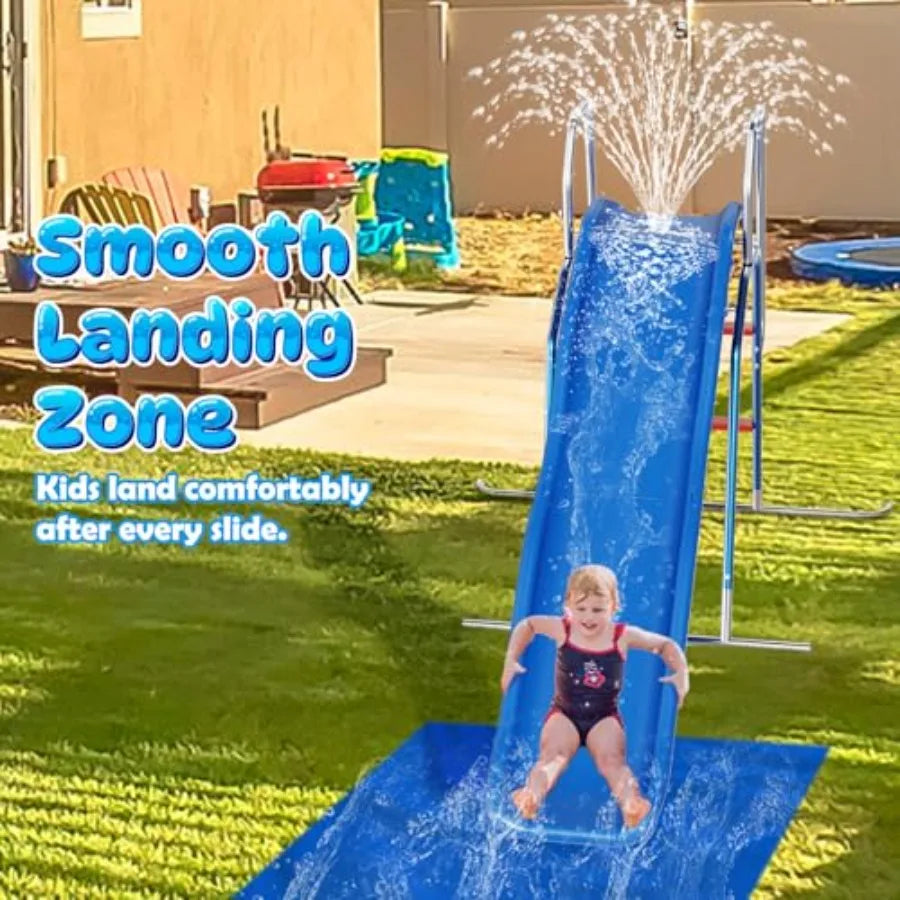 Backyard water slide for kids, PVC material, blue and yellow, 3-zone spray sprinkler with ground tarp for summer outdoor water