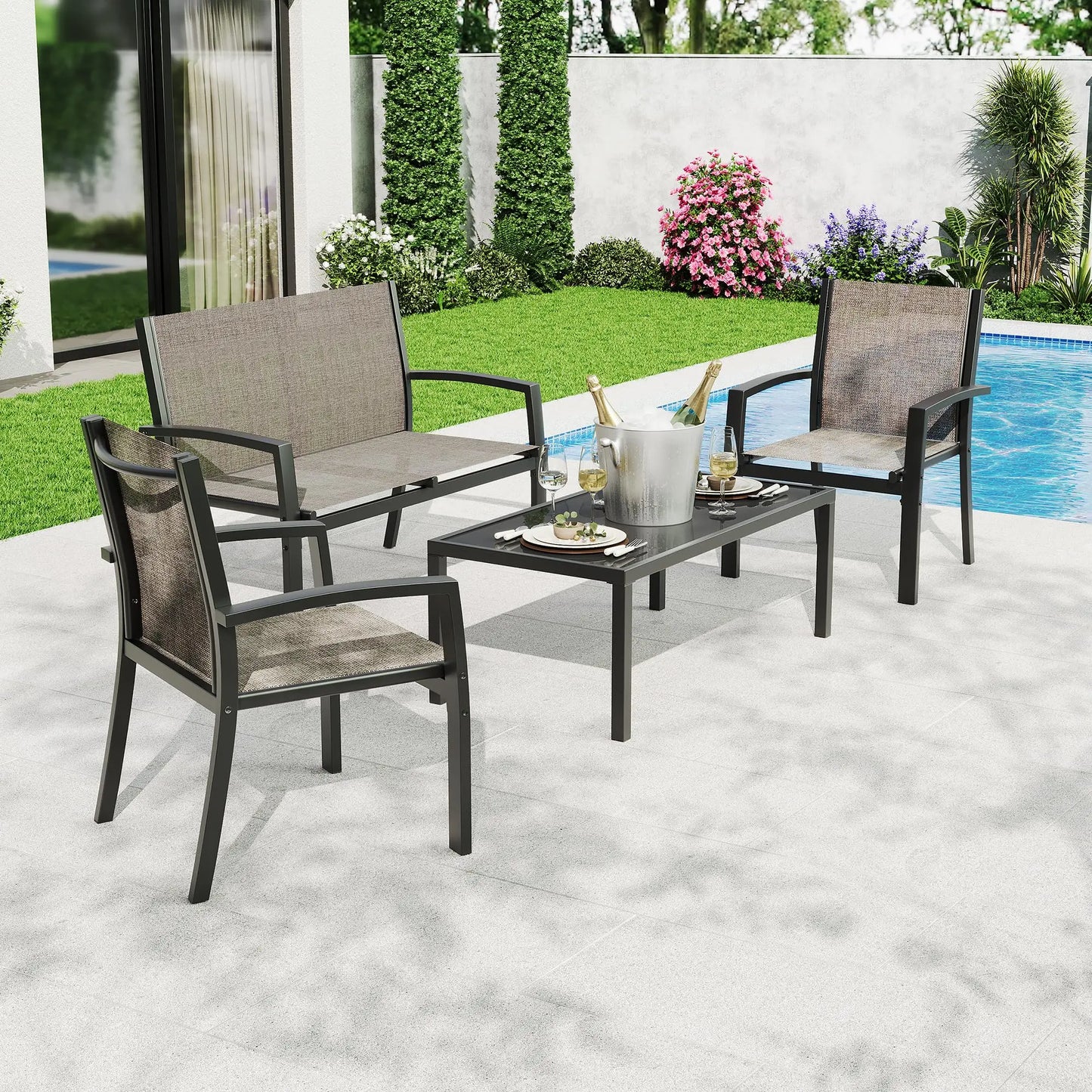 HobbyLane 4 Piece Metal Patio Furniture Set With Table