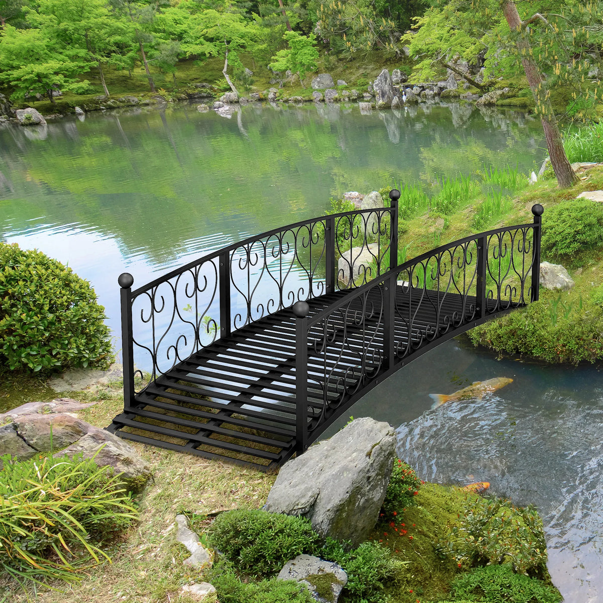 7' Metal Arch Garden Bridge with Siderails, Arc Footbridge, Black