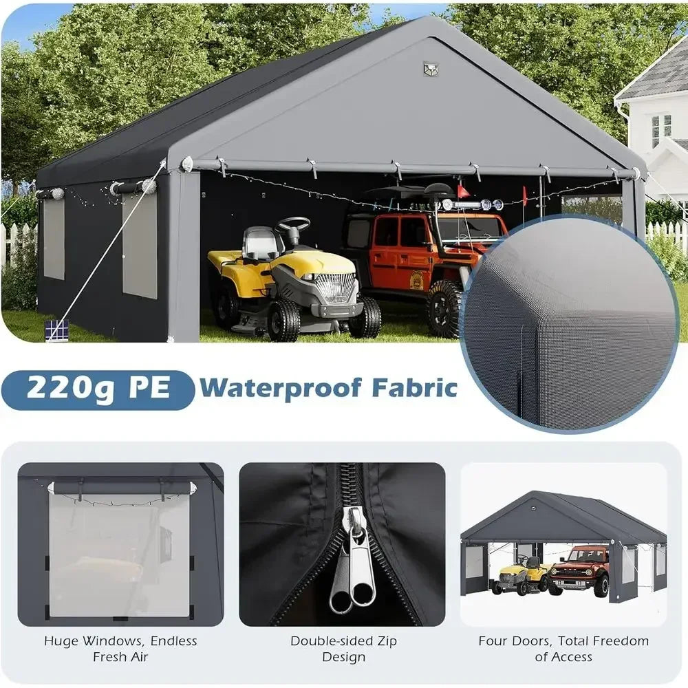 20x20 Heavy-Duty Carport with Galvanized Steel Frame and Waterproof 3-Layer PE Cover for Outdoor Storage and Vehicle Protection