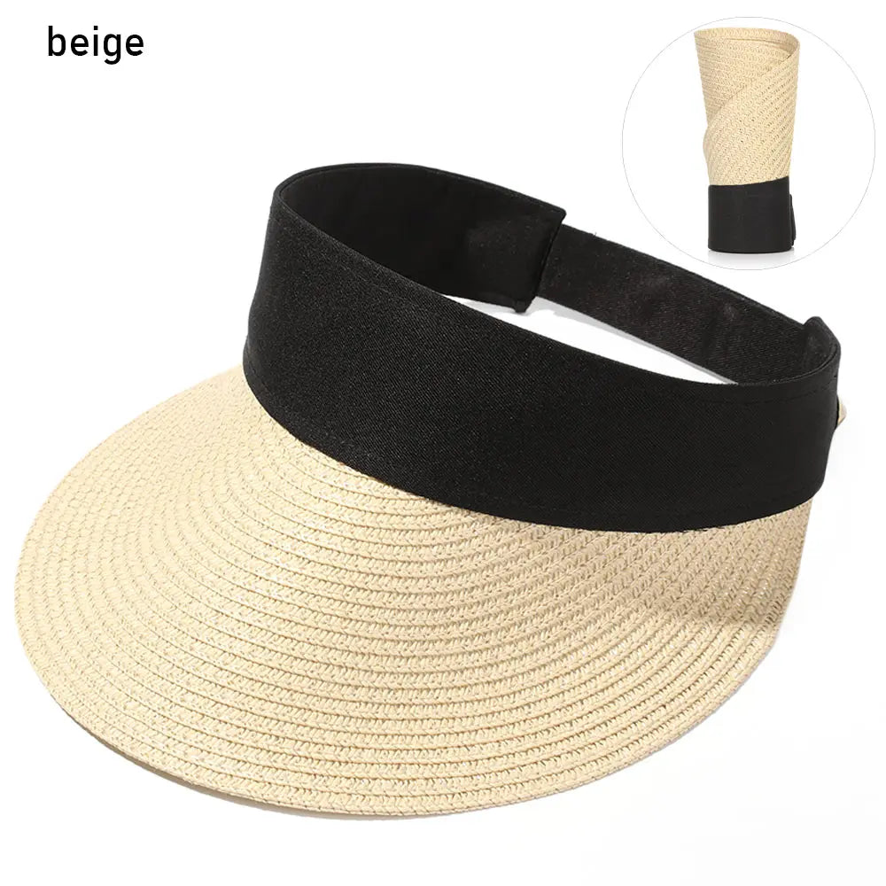 Foldable Portable Beach Hat Wide Brim Sun Hat Roll-up Summer Casual Straw Cap Visors For Women