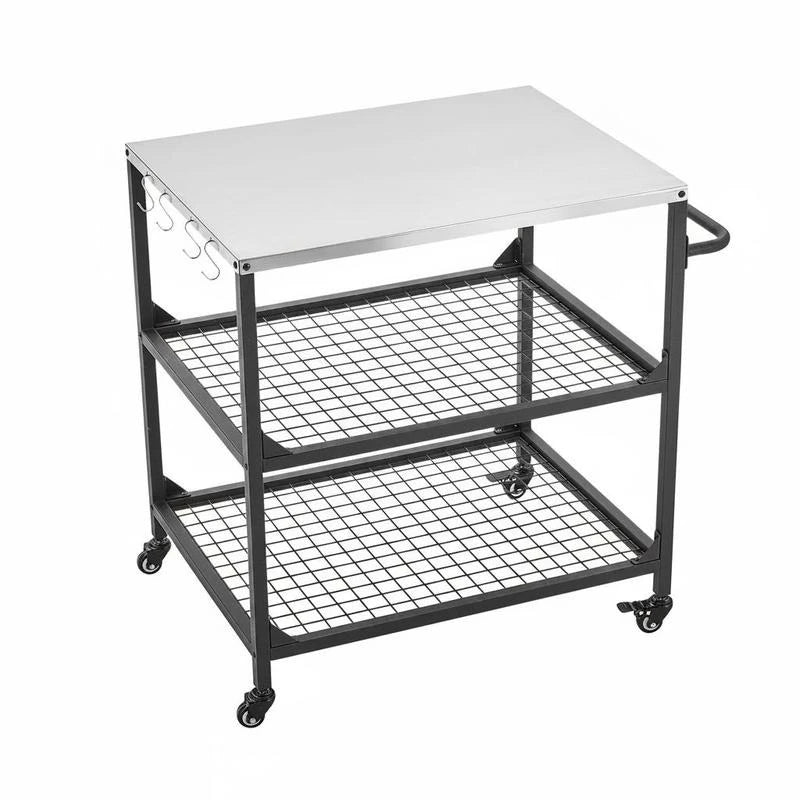 Outdoor Grill Cart, 31.5 X 24.0 Inch Stainless Steel Tabletop Size Grilling Table, Outdoor Cooking Table with 4 Wheels & Side Handle, Two Mesh Shelves, BBQ Prep Tables for Patio, Garden