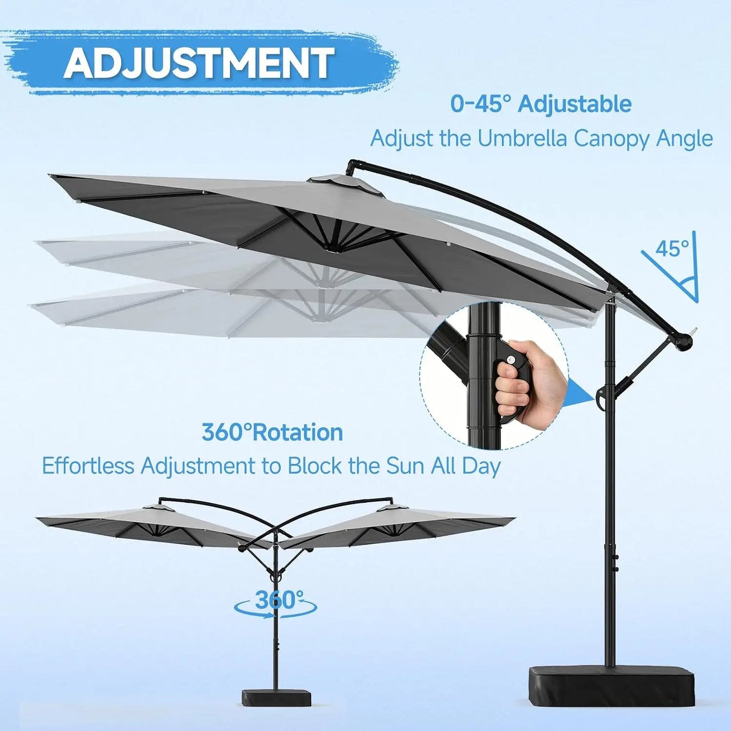 10 Foot Cantilever Patio Umbrella With Base, Outdoor Large Offset Sunshade Canopy With 360 Degree Rotation, Heavy Duty Crank Handle Hanging Market Umbrella For Deck Pool Backyard, Gray
