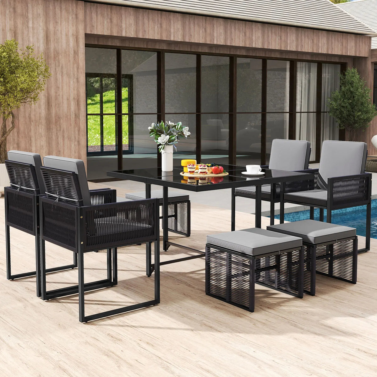 LIFEZEAL 9 Piece Patio Dining Set With Tempered Glass Tabletop