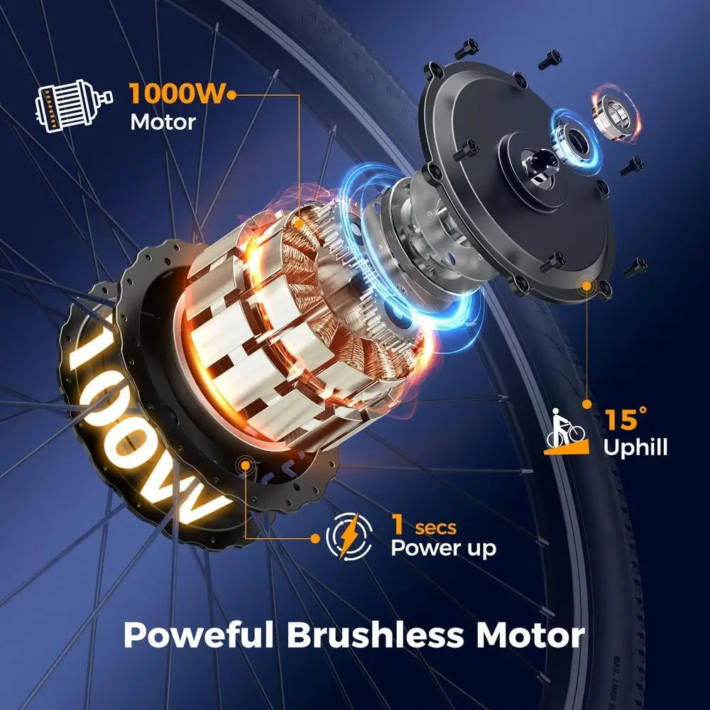 1000W Peak Brushless Motor Electric Mountain Bike, 40 Miles Range, 20MPH, 500Wh Removable Battery, 7-Speed, 26 Tires, Front Susp