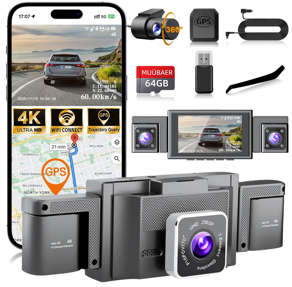 MUÜBAER 4K 360 Degree Dash Cam With 5.8GHz WiFi GPS IPS Screen