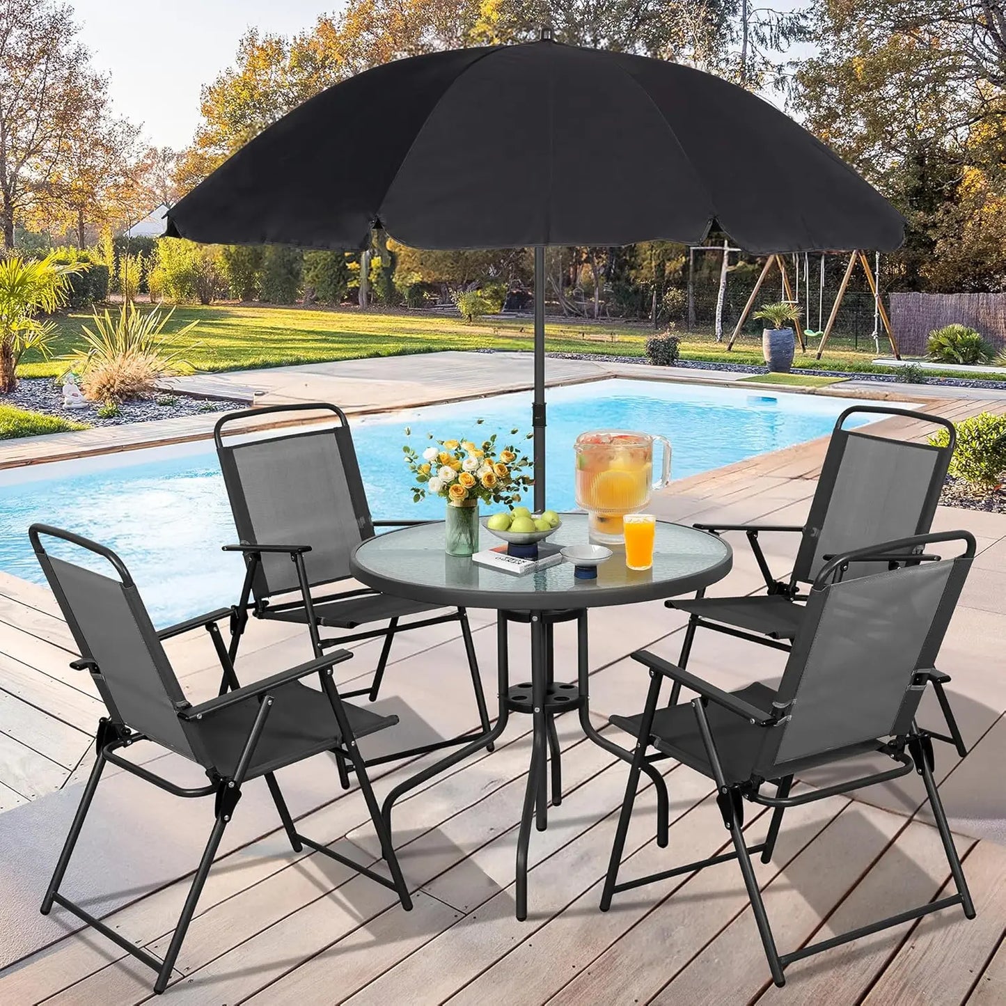 6 Piece Folding Metal Patio Dining Set Outdoor Table Chairs with Umbrella Hole for Lawn Deck Backyard Garden Black