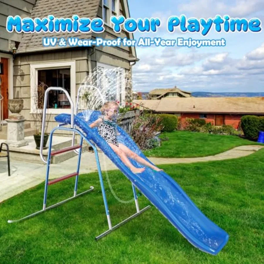 Backyard water slide for kids, PVC material, blue and yellow, 3-zone spray sprinkler with ground tarp for summer outdoor water