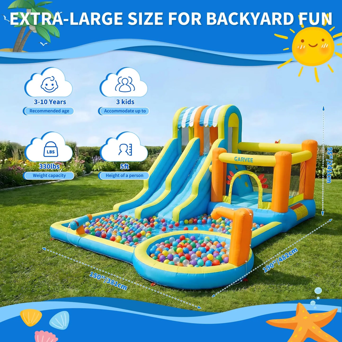 16ft Inflatable Water Slide Park for Kids, Heavy Duty Blow Up Water Bounce House, Backyard Inflatable Water Play Center with 620W Blower, Water Hose Kit, Ground Stakes & Storage Bag