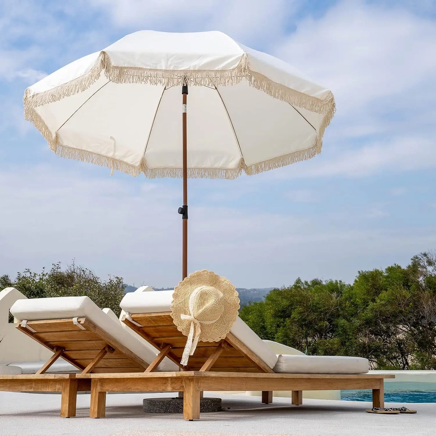 7.5Ft Patio Beach Umbrella with Fringe & Tassel, UPF50+ Push Button Tilt & Crank, for Garden, Lawn, Deck, Yard & Pool