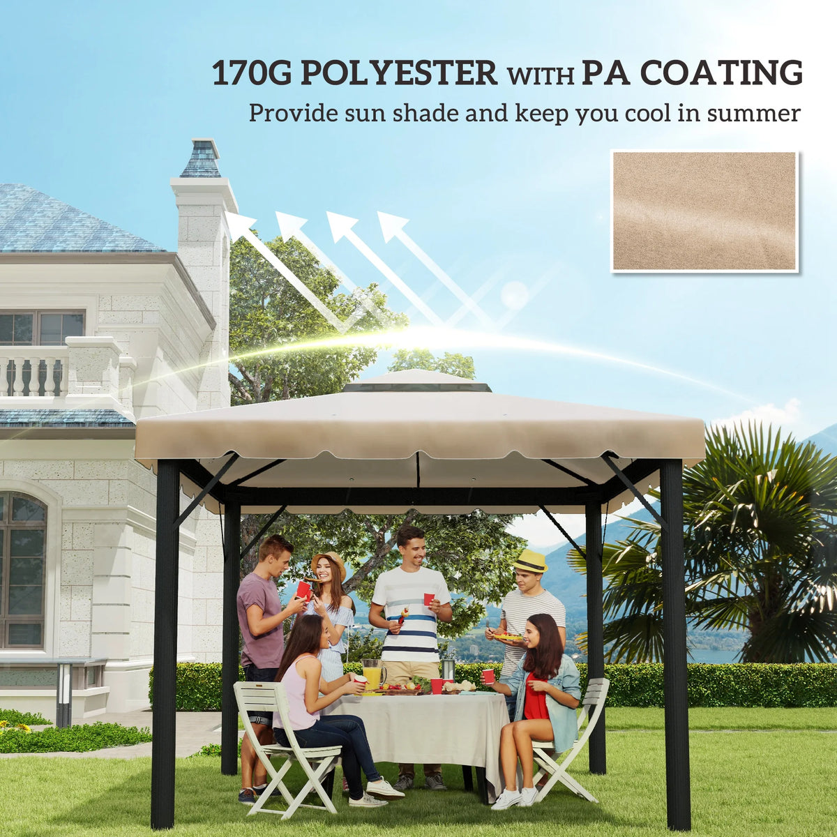 Outsunny 10'X10' Double Roof Gazebo Replacement Canopy Top Cover, Khaki