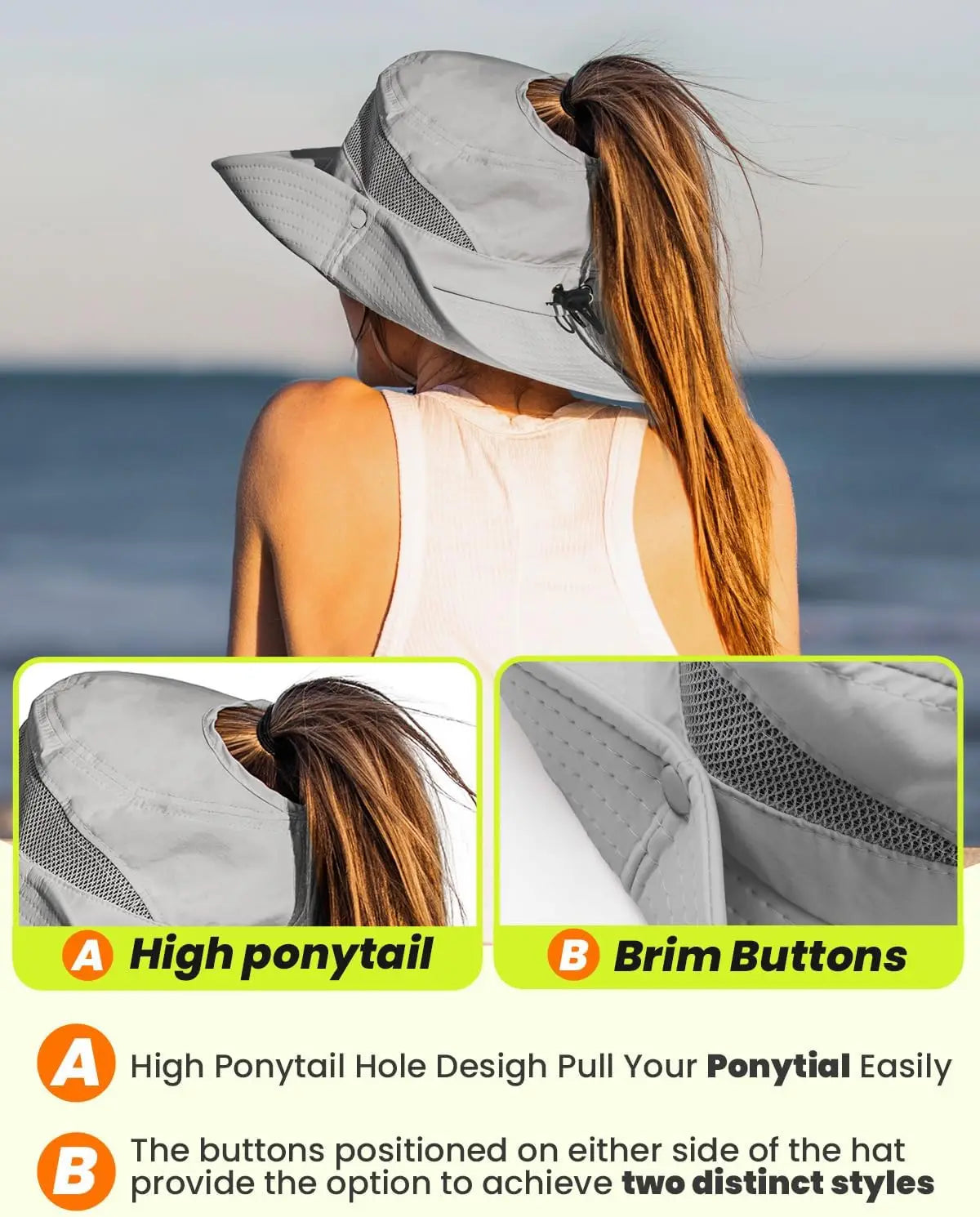 Sun Bucket Hat for Women with Ponytail Hole for Hiking Fishing Safari