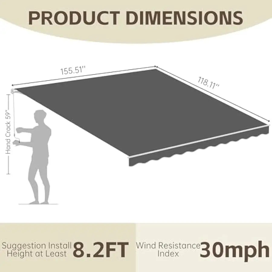 13' x 10' Awning for Patio, Sunsetter Retractable Awning Waterproof Cover Outdoor Patio Canopy, Sun Shade with Manual Crank Hand