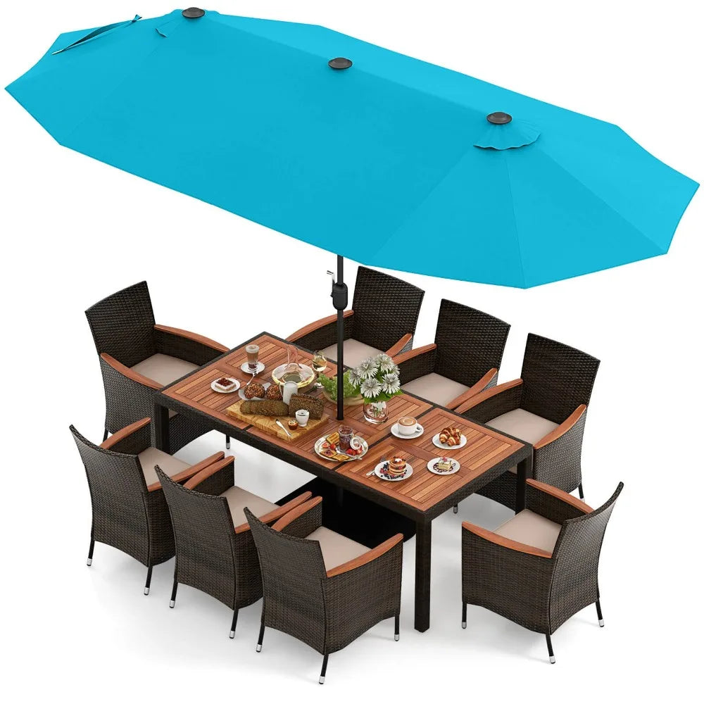 11PCS Patio Dining Set w/ 15ft Double-Sided Patio Umbrella (Base Included)