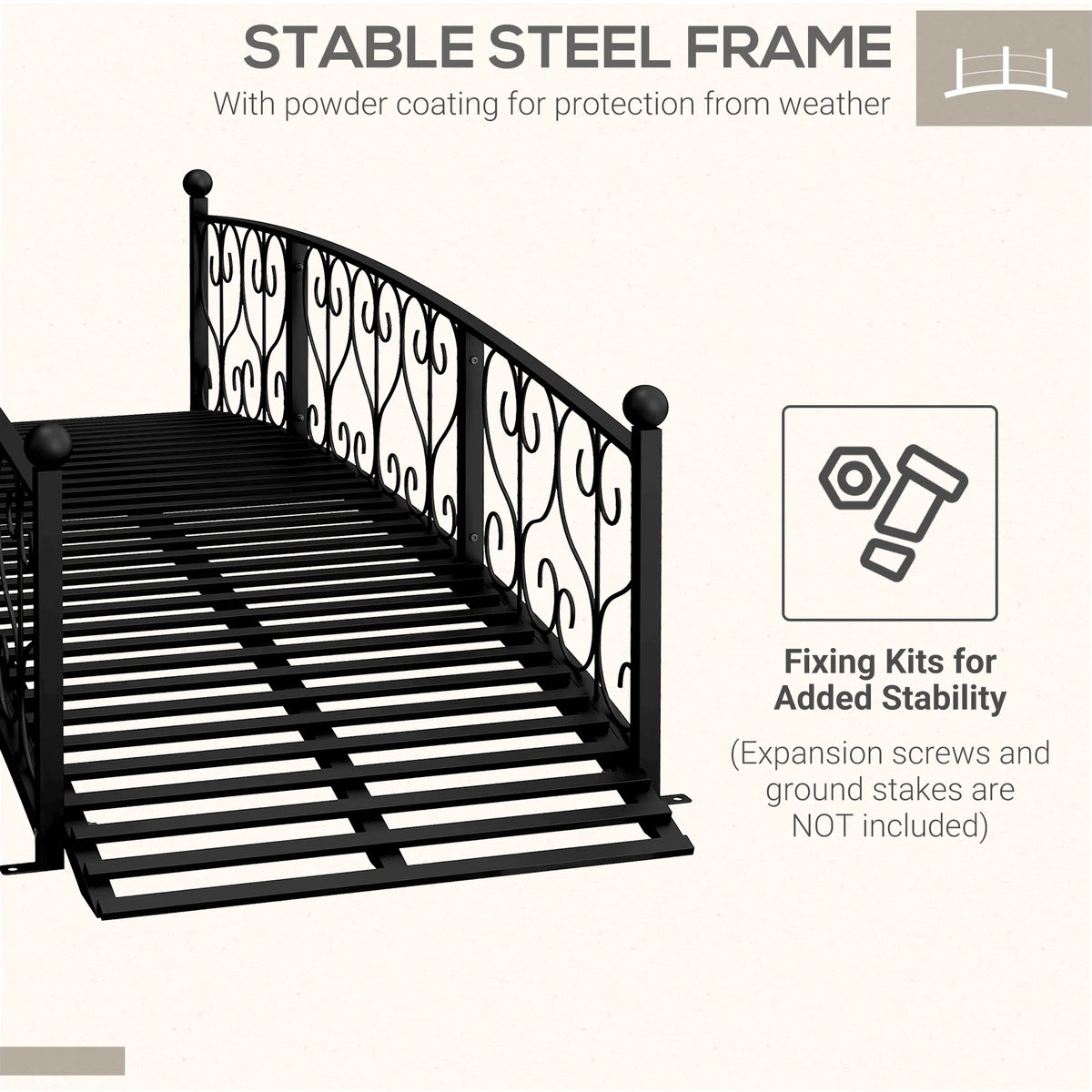 7' Metal Arch Garden Bridge with Siderails, Arc Footbridge, Black