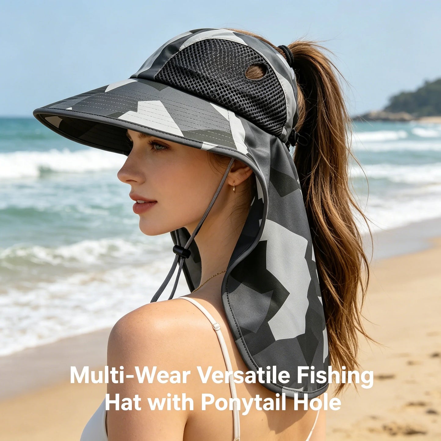 Camo Sun Hat Men Women UPF 50+ UV Protective Wide Brim Fishing Hat with Neck Flap Lightweight Outdoor Hiking Beach Sun Cap