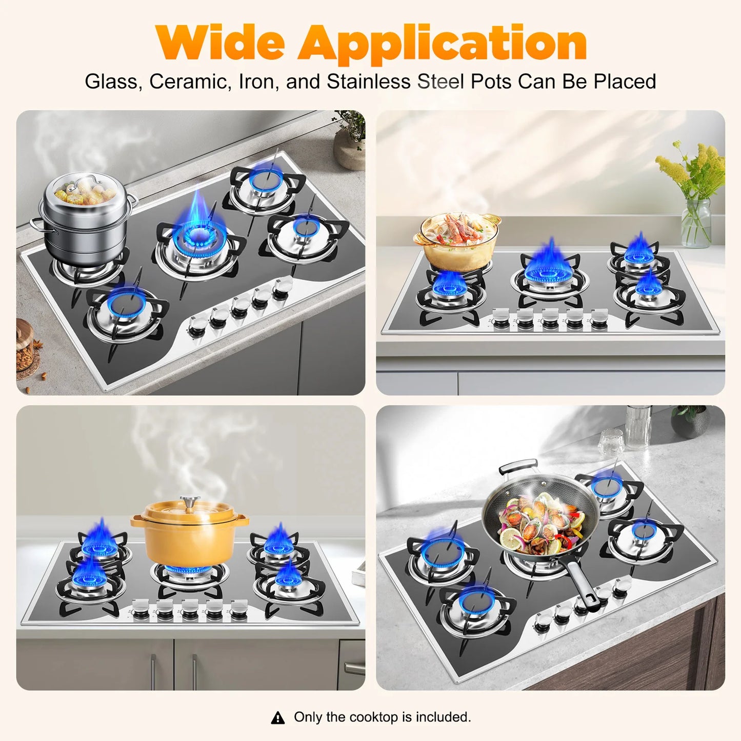 5 Burner Built-in Gas Cooktop Glass Top 3KW Dual Ring High Power Energy Saving 63% Efficiency LPG Natural Gas Stove