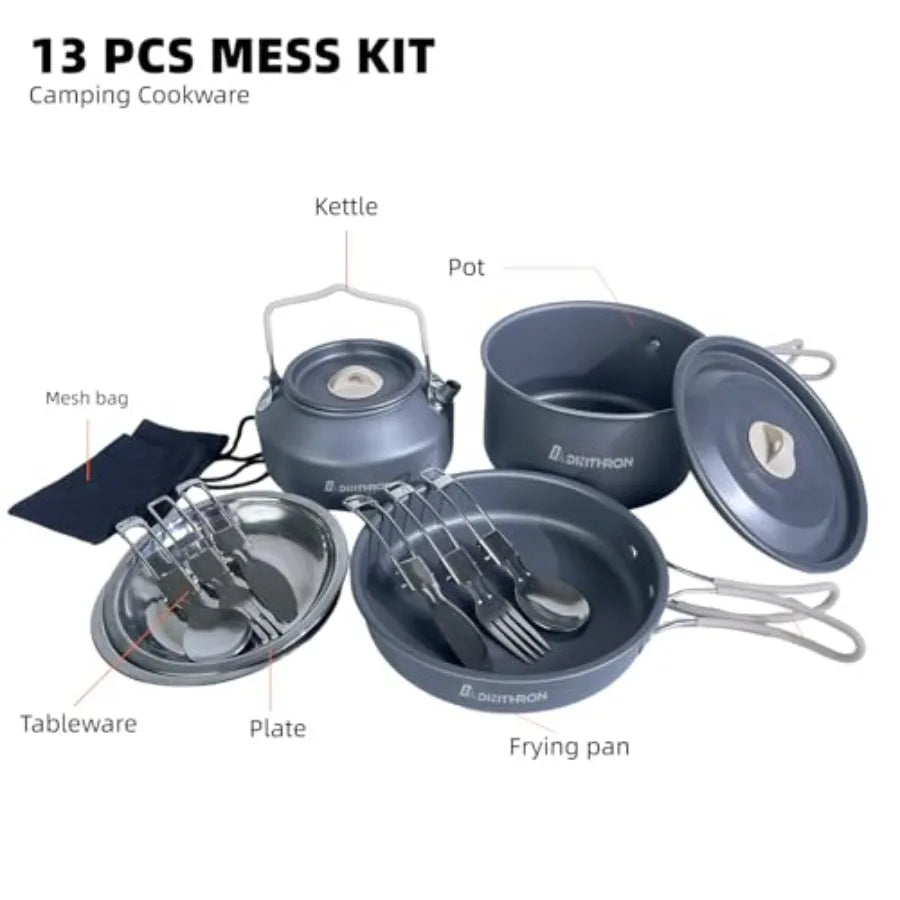 Camping cookware set: aluminum non-stick pots and pans with silicone handles, black-gray color, lightweight and compact for bac