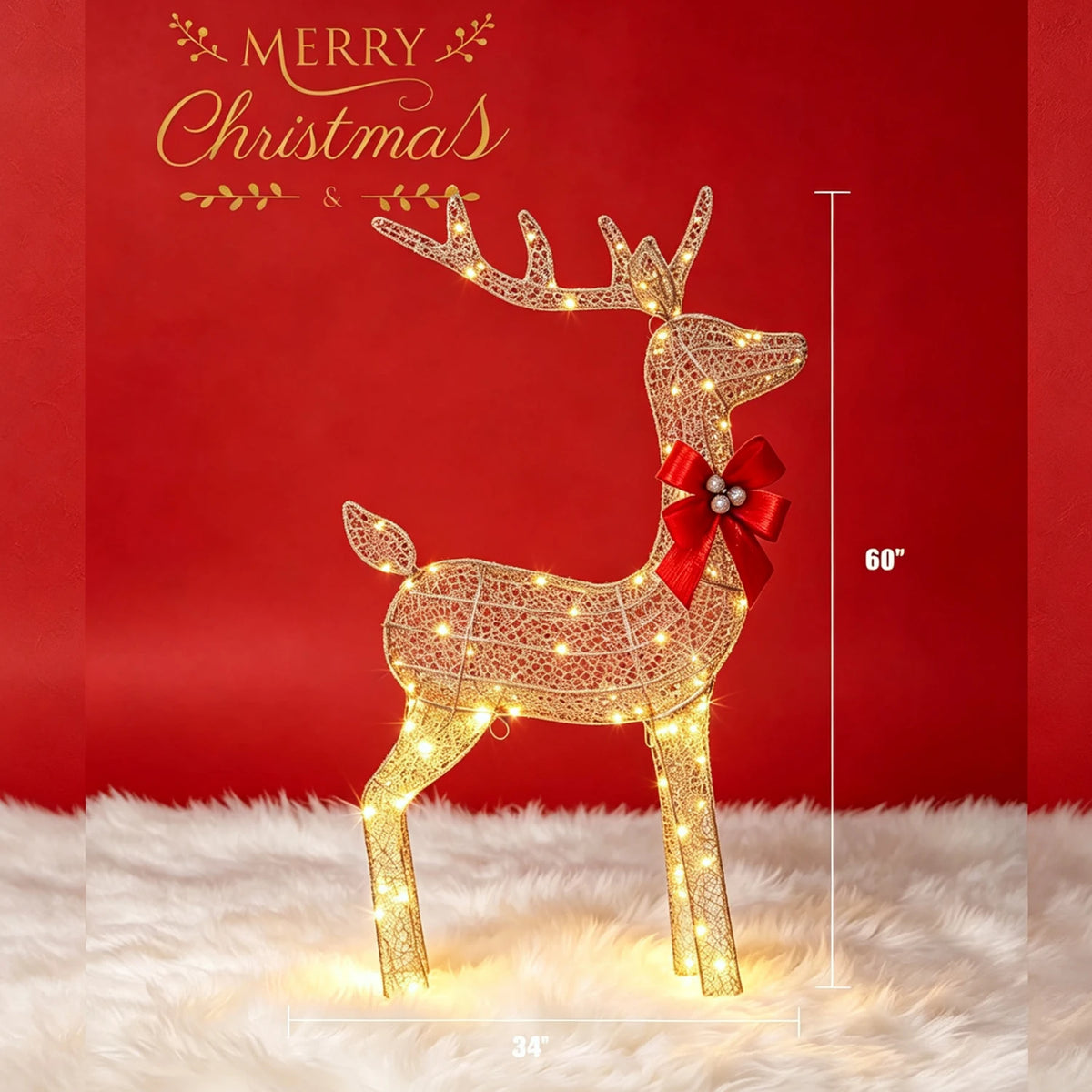3 Piece Lighted Christmas Deer Family Outdoor, Gold Glitter Reindeer Yard Decor, 360 Warm White LED Lights, Buck Doe Fawn Set