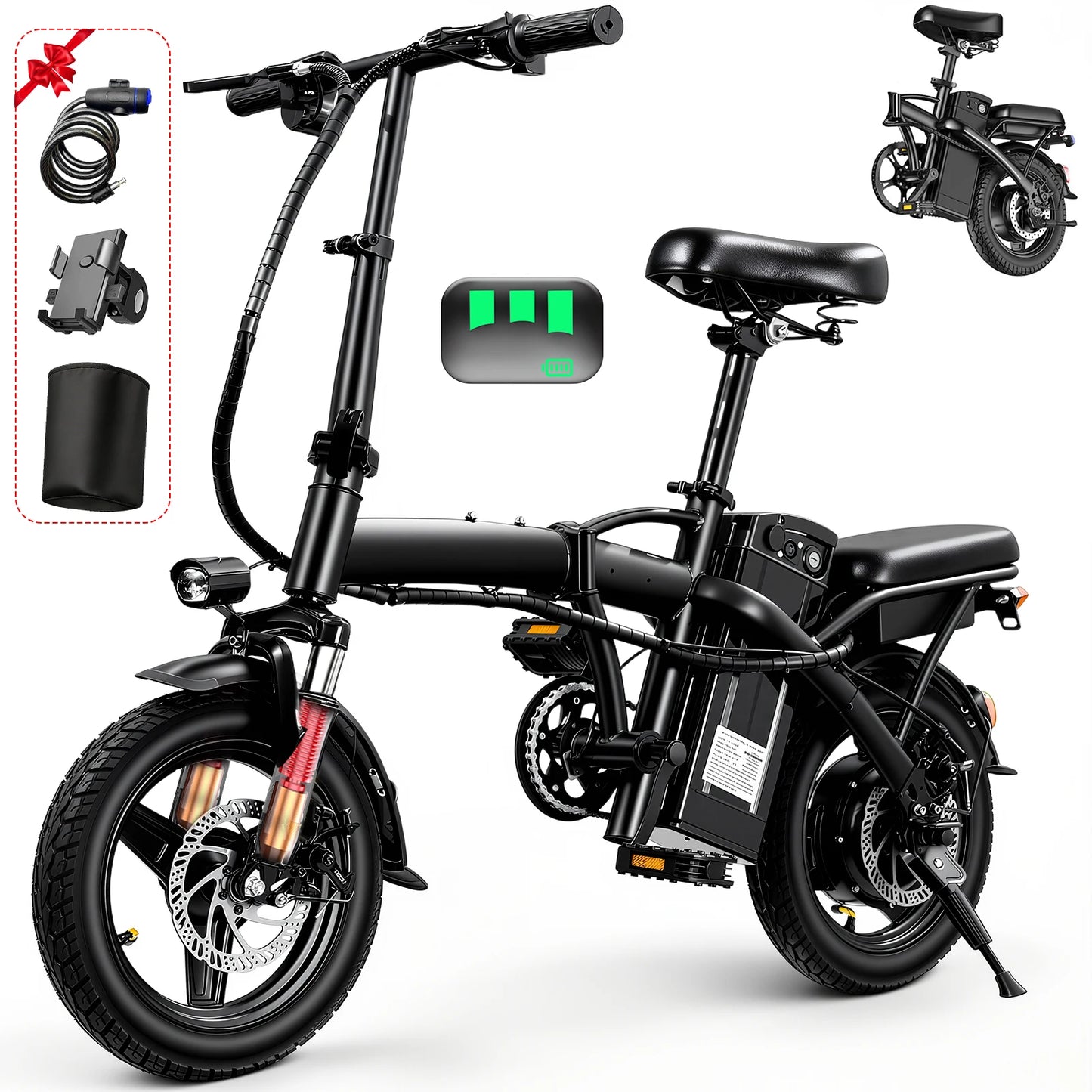 Foldable Electric Bike for Adults，23MPH & 38Miles Long Range Electric Bicycles，500W Motor 48V/12Ah Battery，14" Folding Mini ebikes for Teens，3-Speed & PAS Mode， Commuter City Certified E-Bike