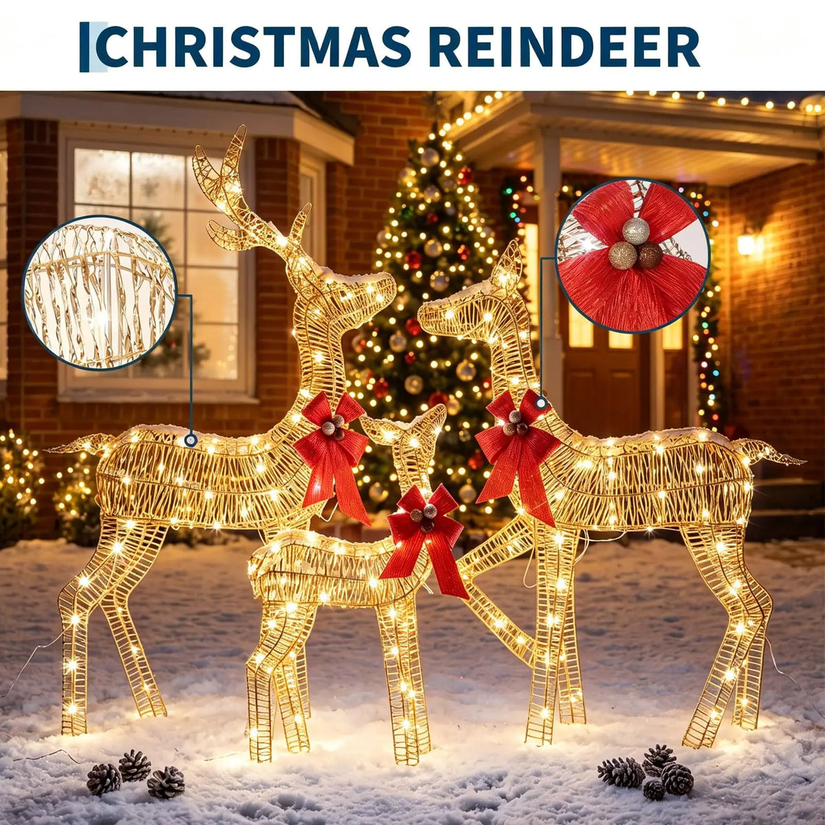 3 Piece Lighted Christmas Deer Family Outdoor, Gold Glitter Reindeer Yard Decor, 360 Warm White LED Lights, Buck Doe Fawn Set