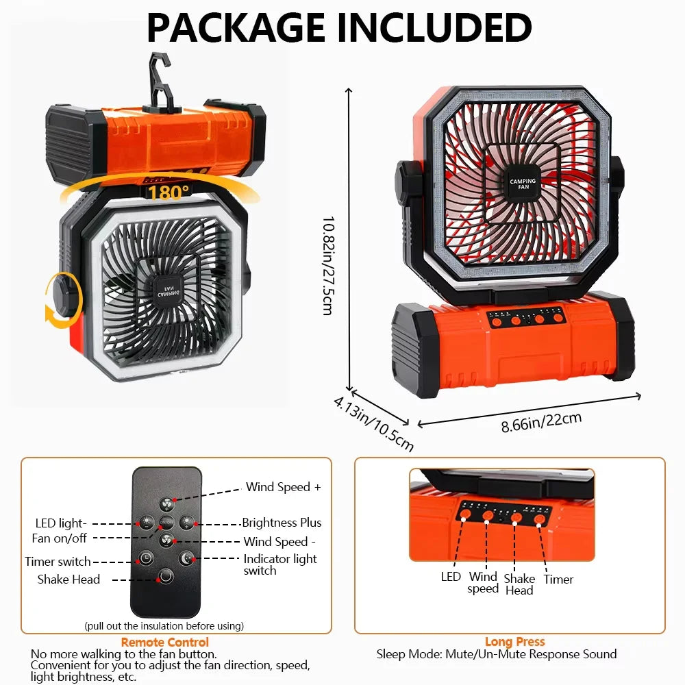 20000mAh Camping Fan with LED Light Portable Outdoor Tent Fan 270° Adjustable 100 Wind Speeds Timer Hook USB Rechargeable Power Bank For Travel Picnic Fishing