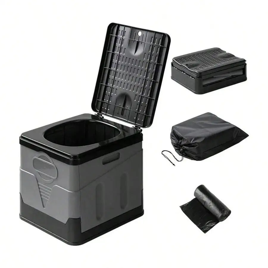 Portable Folding Toilet With Lid - Camping, Boating & Outdoor Travel Emergency Use - Includes Trash Bag & Storage Bag - No Electricity Required - Space-Saving Design For Cars, Trucks & RVs - Durable Plastic