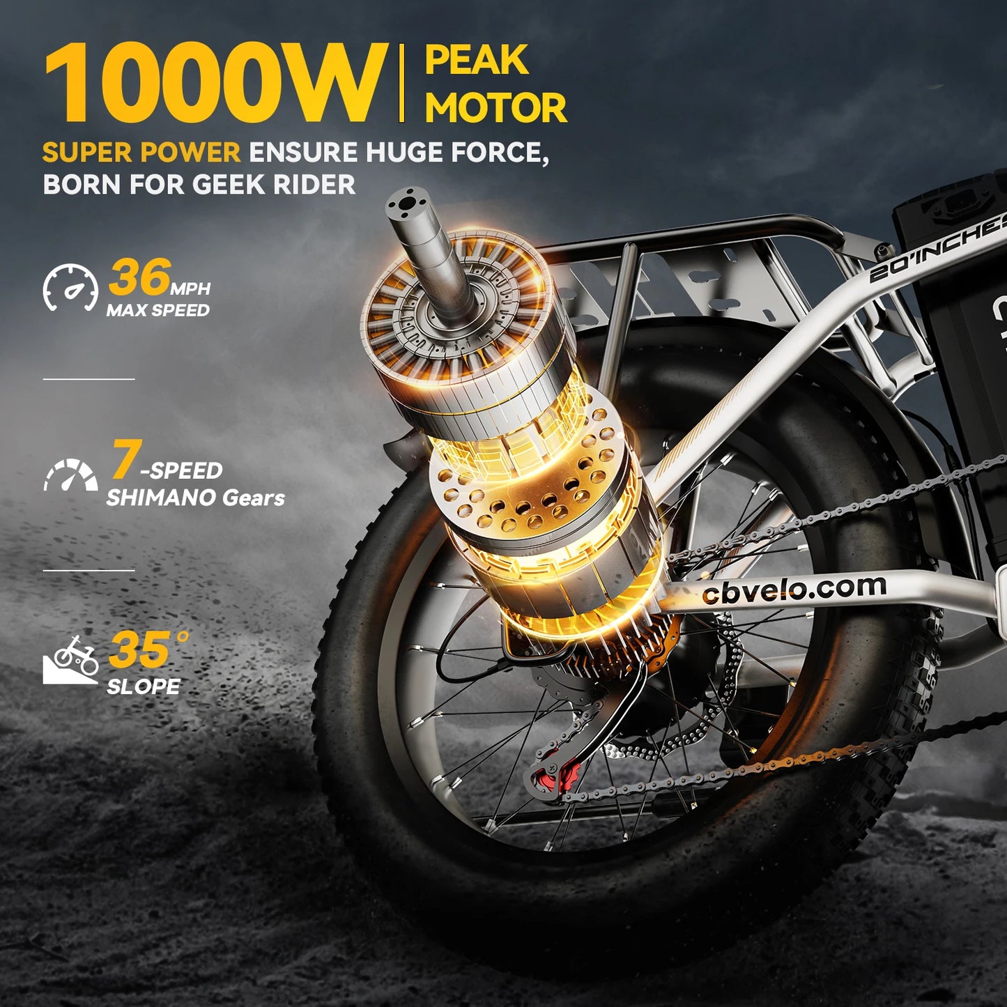 Cybervelo 1000W Peak High-speed Brushless Folding 20 Inch Fat Tire Electric Bike for Adults 48V 20.8Ah/50Ah Removable Battery 80 Miles Range Commuter E-Bicycle EK4