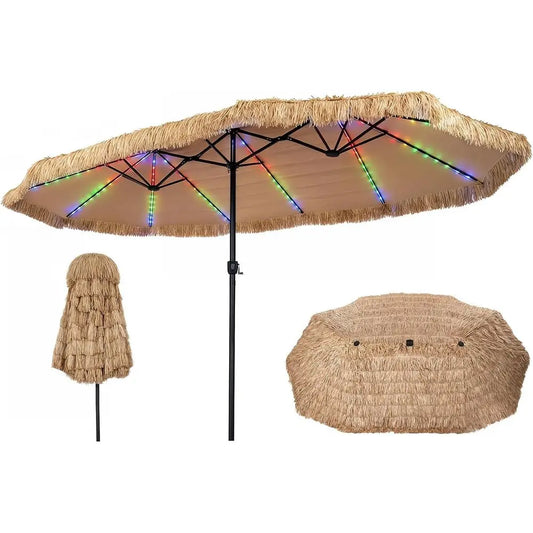 15ft Tiki Patio Umbrella with 144 LED Lights, 12 Ribs, Crank Handle, Suitable for Outdoor, Backyard, Poolside, Deck