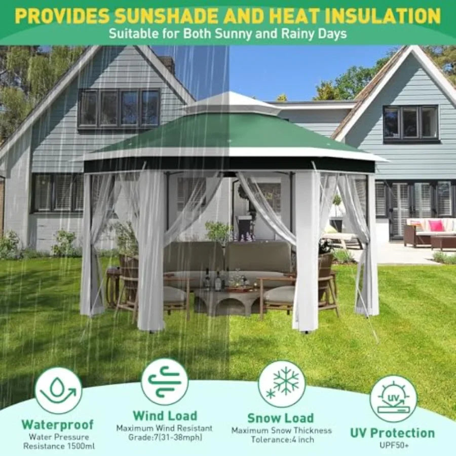 13'x13' Pop Up Gazebo Hexagonal Outdoor  Tent with Mosquito Netting Dual Vent Roof Awning Waterproof UV Resistant Height Adjust