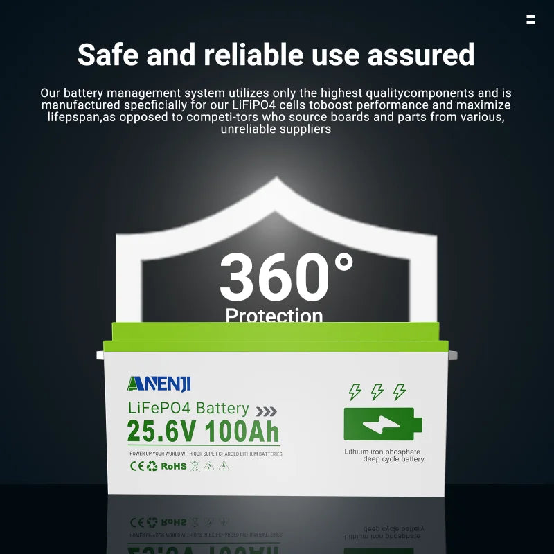 ANENJI 24V 12V 100Ah LiFePO4 Solar Battery Lithium Battery Pack Built-in BMS Grade A Cells 6000+ Cycle For Home energy storage
