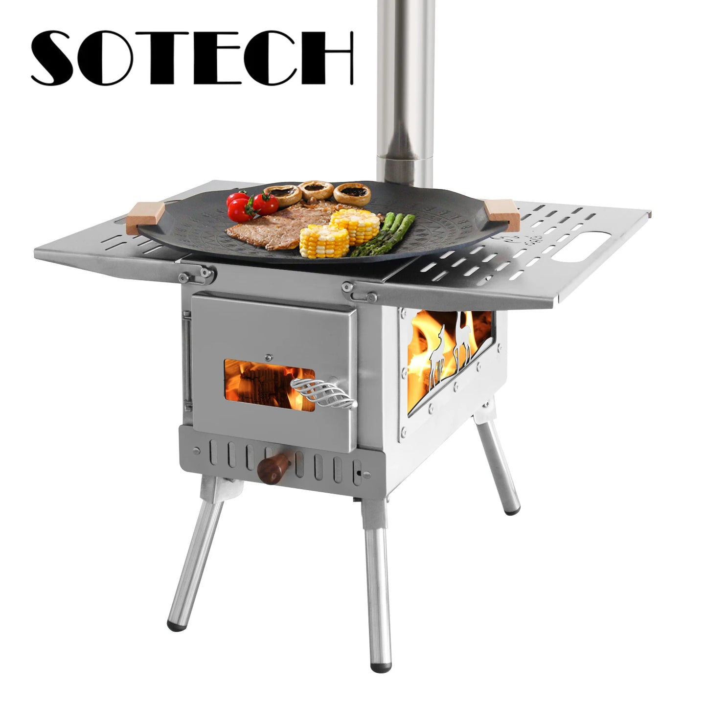 SOTECH Foldable Camping Wood Burning Stove Stainless Steel Outdoor Cooker BBQ Grill With Cooking Pan Chimney Portable Fire Pit For Camping Hiking Picnic Travel Van Life