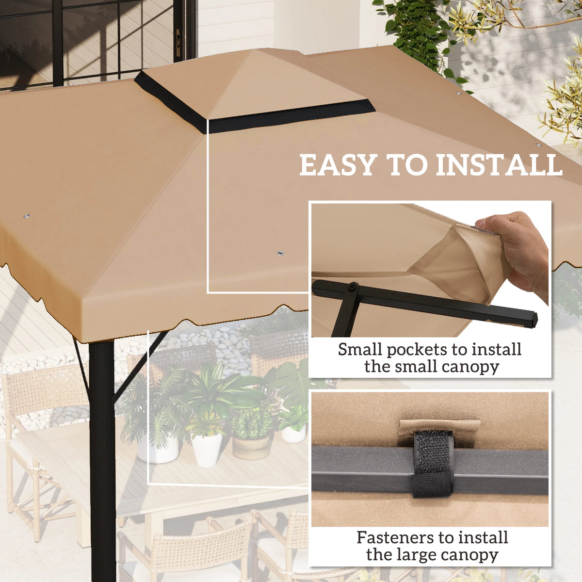 Outsunny 10'X10' Double Roof Gazebo Replacement Canopy Top Cover, Khaki