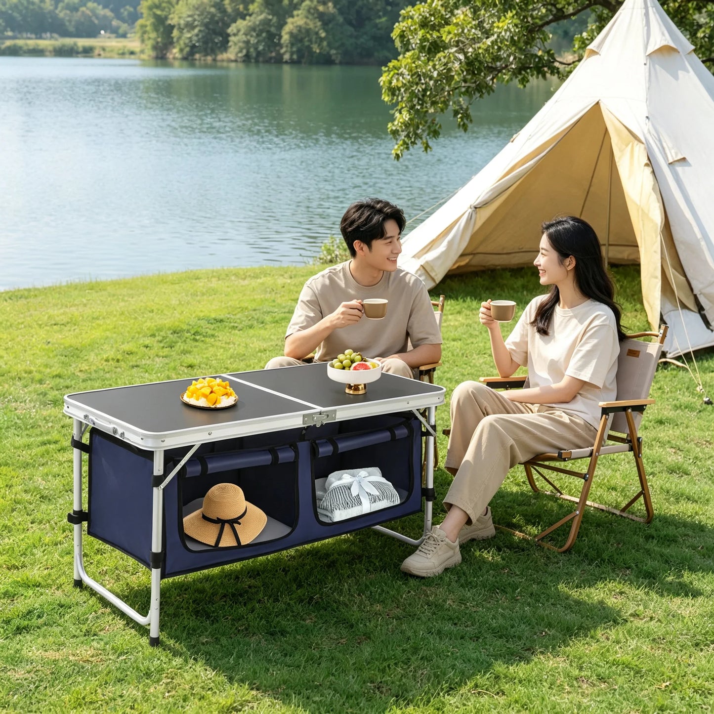 Folding Camping Table Foldable & Portable Camping Table Folding Camping Table with Adjustable Legs 120*47*70cm Dual Panels Adjustable Height Grip-and-go Feet for Travel Beach Backyards BBQ Party