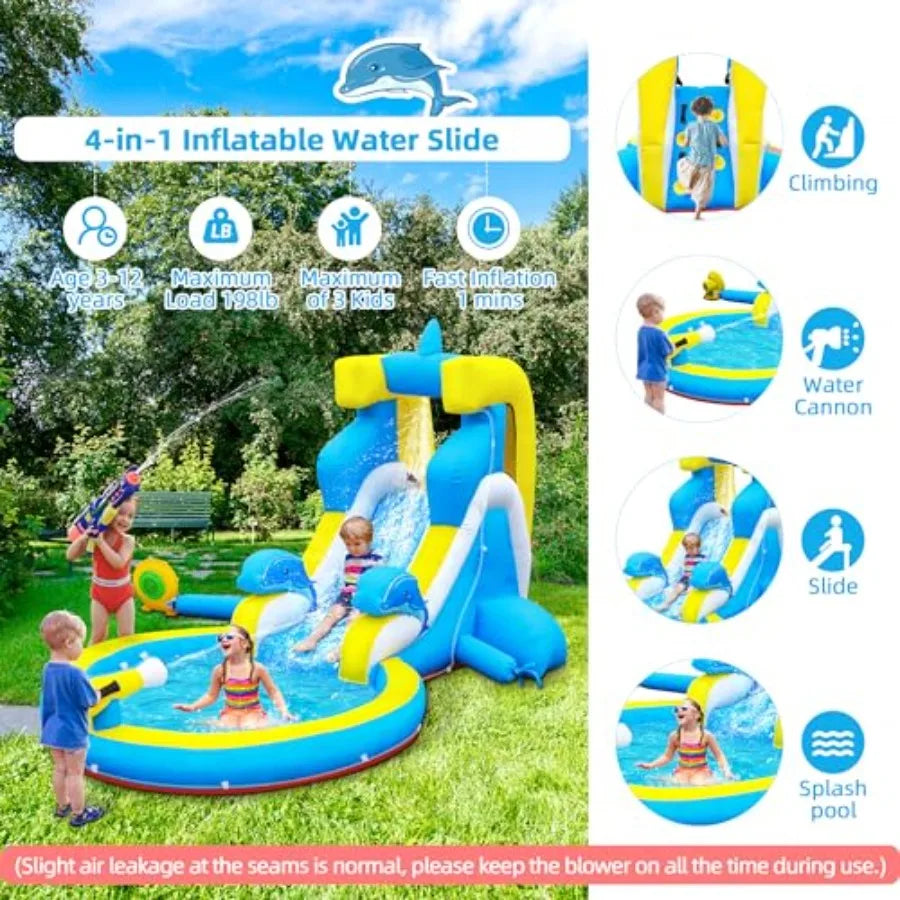 Iatable Water Slide: 4 in 1 Bounce House Water Park Dolphin Style for - Climbing Wall Splash Pool Water Cannon - 370W Blower -
