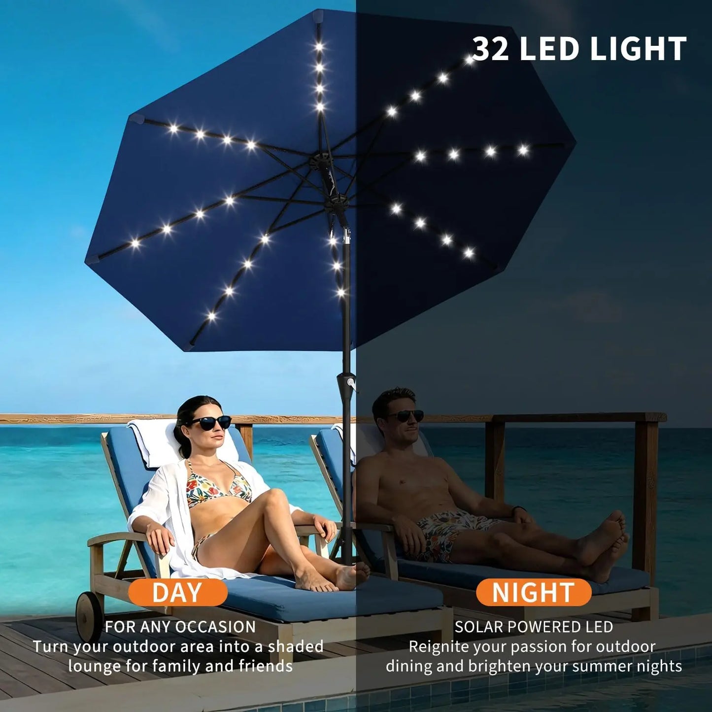 9ft/10ft Solar Patio Umbrella with 32 LED Lights, UPF 50+ UV Protection, Waterproof Fade-Resistant Vented Canopy, Crank Lift & Push-Button Tilt, 8-Rib Market Table Umbrella